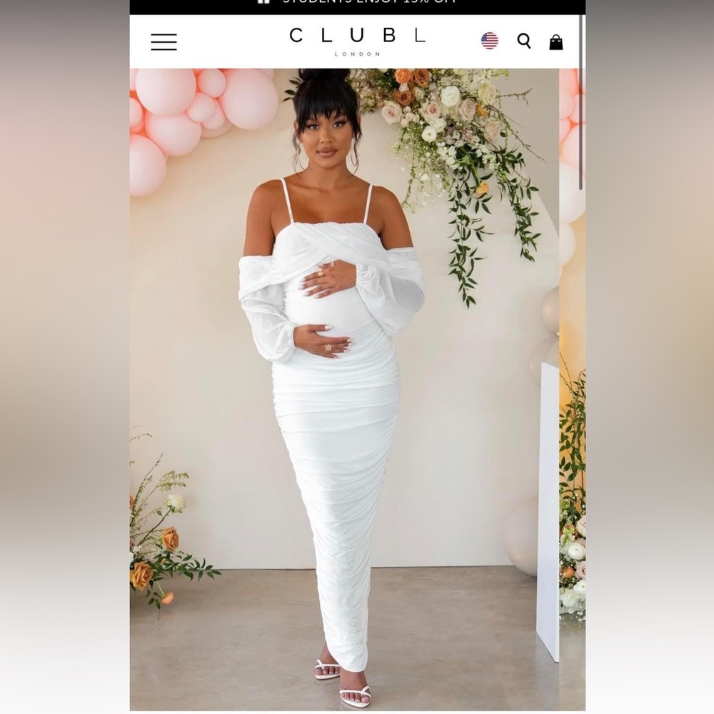 White maternity ruched mesh maxi dress.
